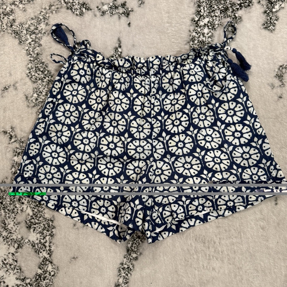 Roller Rabbit Shorts Womens XS Navy White Floral Cotton Tassel Tie Lounge Resort